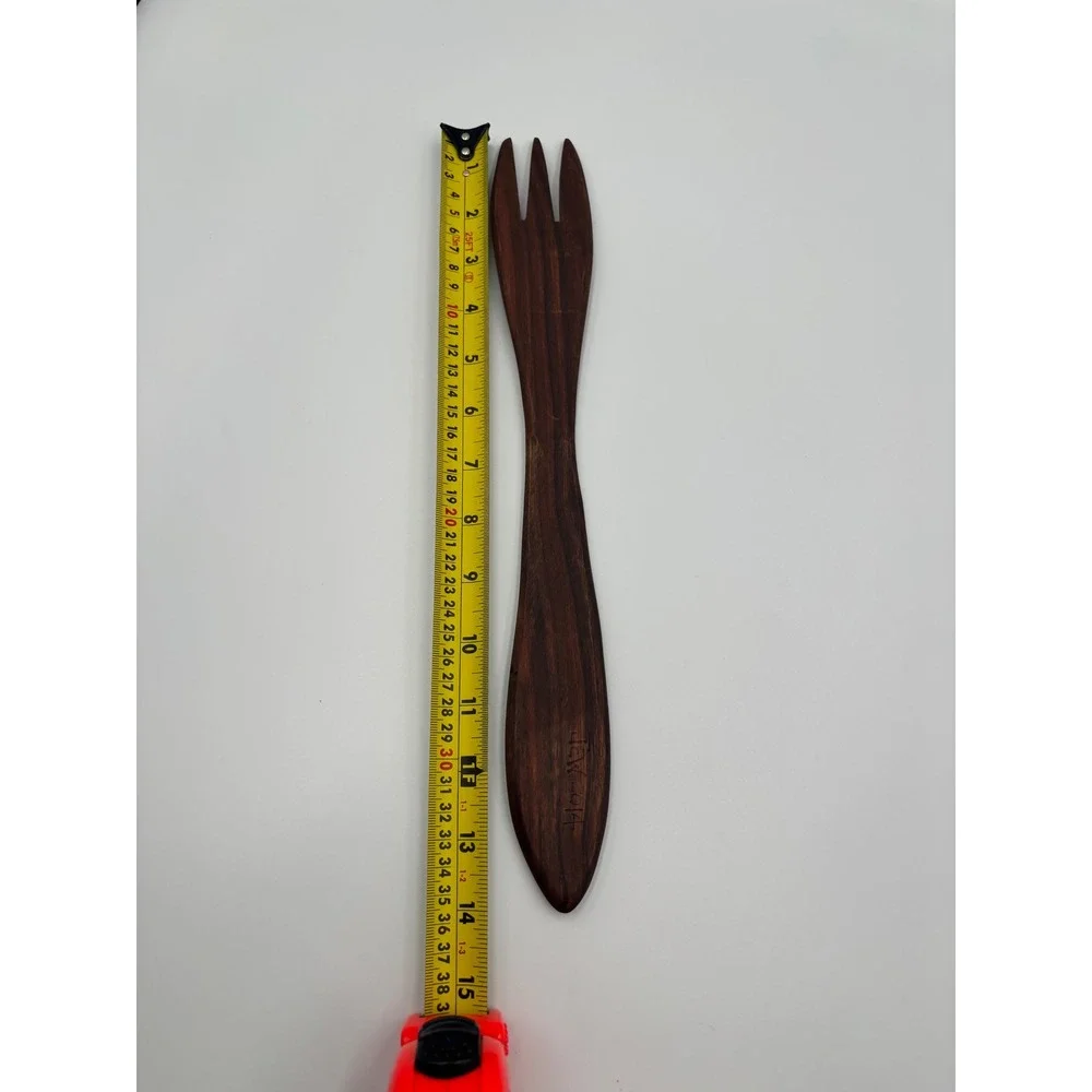 Artisan Hand Carved Wooden Salad Server Set Signed JEW 2014 Dark Wood Fork Spoon